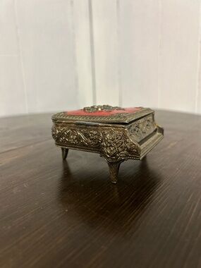 Piano Shaped Vintage Brass Gold and Red Velvet Trinket Jewelry Box, Ornate